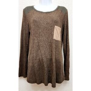 Mai Soli Brown Green Waffle Knit Contrasting Trim Top Large Patches on Elbows